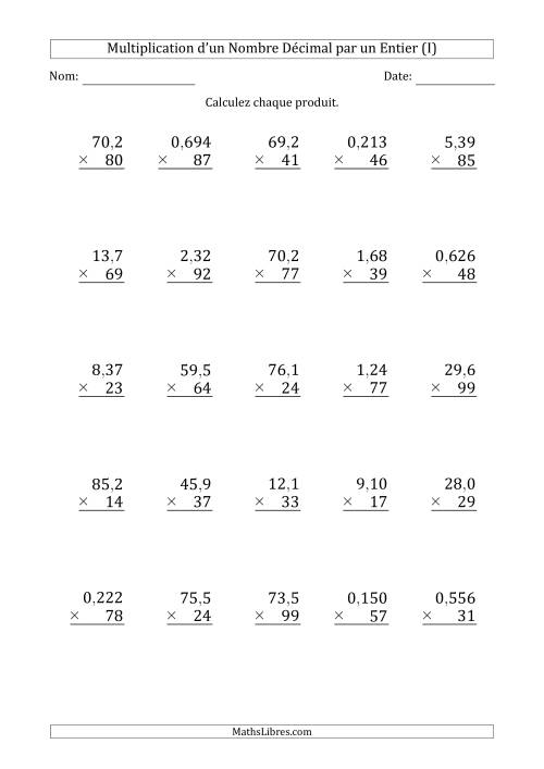 Multipication de Divers Nombres Décimaux par un Nombre Entier à 2 Chiffres (I)