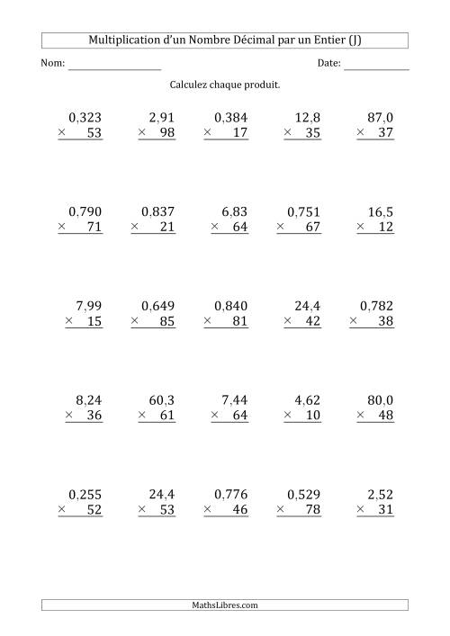 Multipication de Divers Nombres Décimaux par un Nombre Entier à 2 Chiffres (J)