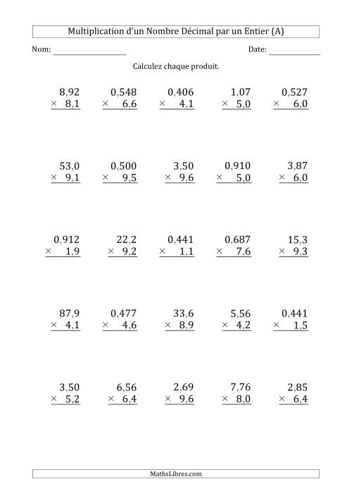 Multipication de Divers Nombres Décimaux par un Nombre à 2 Chiffres des Dixièmes (A)