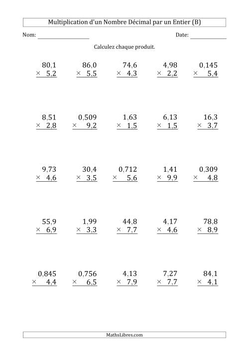 Multipication de Divers Nombres Décimaux par un Nombre à 2 Chiffres des Dixièmes (B)