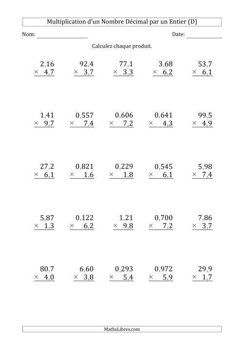 Multipication de Divers Nombres Décimaux par un Nombre à 2 Chiffres des Dixièmes (D)