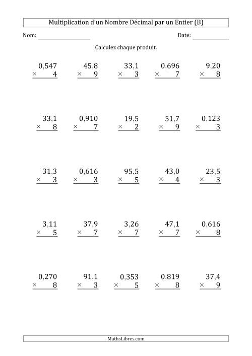 Multipication de Divers Nombres Décimaux par un Nombre Entier à 1 Chiffre (B)