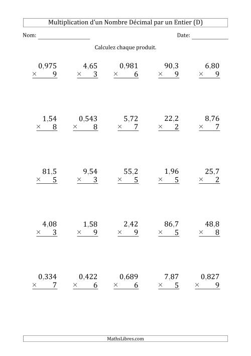 Multipication de Divers Nombres Décimaux par un Nombre Entier à 1 Chiffre (D)