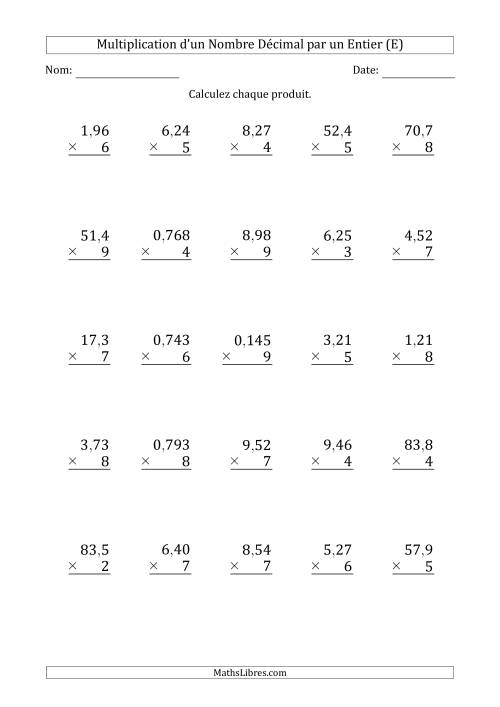 Multipication de Divers Nombres Décimaux par un Nombre Entier à 1 Chiffre (E)
