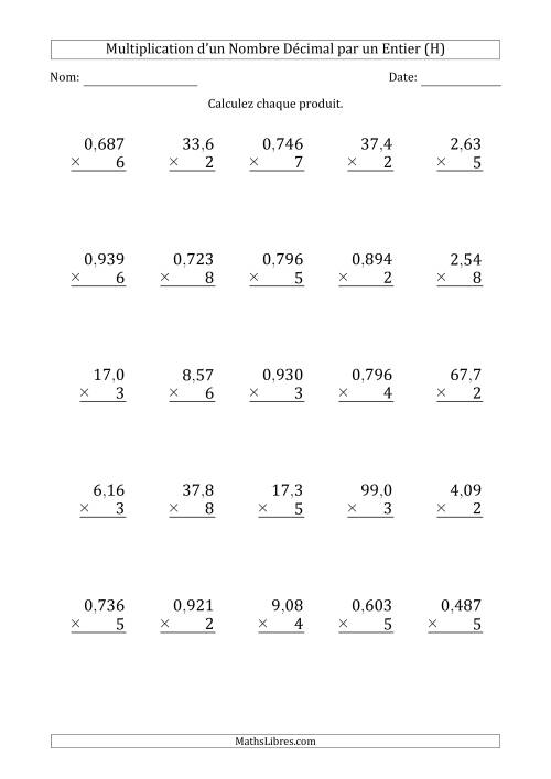 Multipication de Divers Nombres Décimaux par un Nombre Entier à 1 Chiffre (H)