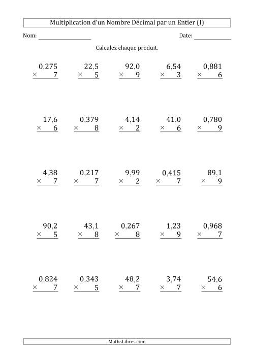 Multipication de Divers Nombres Décimaux par un Nombre Entier à 1 Chiffre (I)