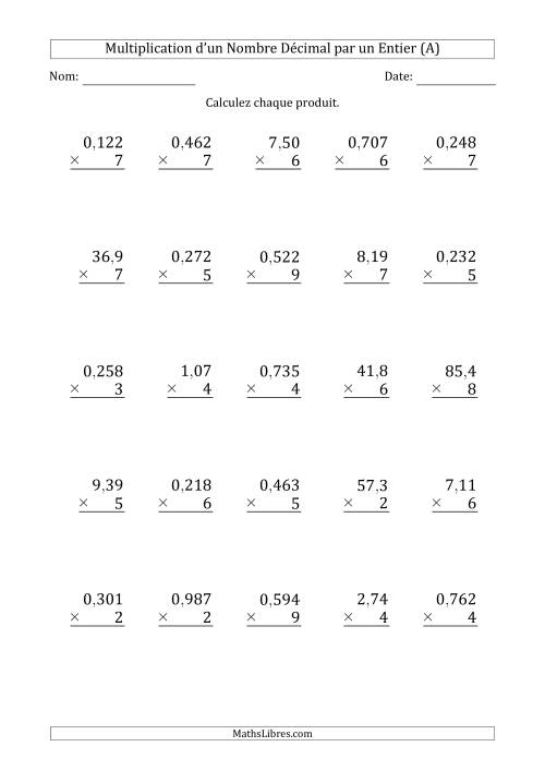Multipication de Divers Nombres Décimaux par un Nombre Entier à 1 Chiffre (Tout)