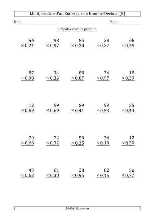 Multipication d'un Nombre Entier à 2 Chiffres par un Nombre à 2 Chiffres des Centièmes (B)
