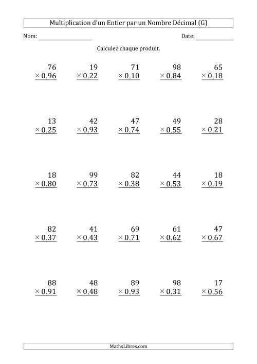 Multipication d'un Nombre Entier à 2 Chiffres par un Nombre à 2 Chiffres des Centièmes (G)