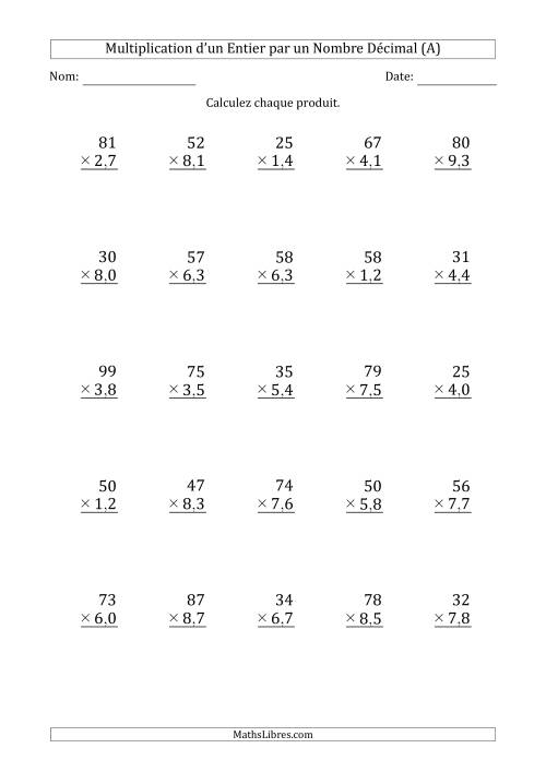 Multipication d'un Nombre Entier à 2 Chiffres par un Nombre à 2 Chiffres des Centièmes (Tout)