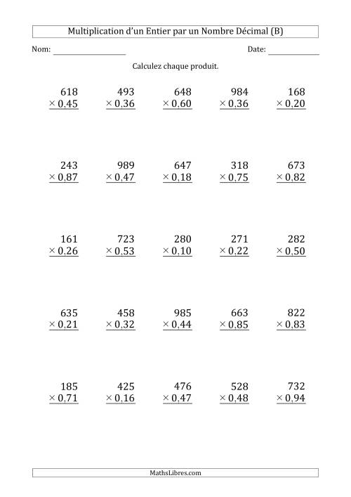 Multipication d'un Nombre Entier à 3 Chiffres par un Nombre à 2 Chiffres des Centièmes (B)