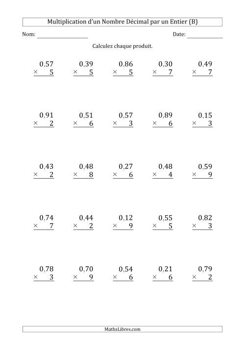 Multipication d'un Nombre à 2 Chiffres des Centièmes par un Nombre Entier à 1 Chiffre (B)