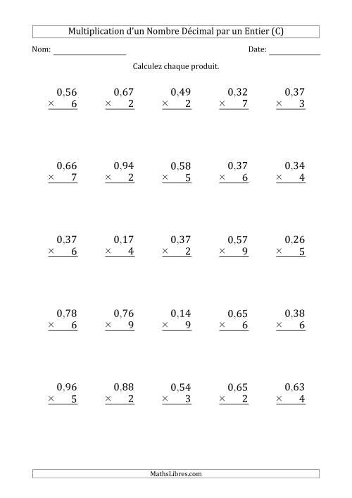 Multipication d'un Nombre à 2 Chiffres des Centièmes par un Nombre Entier à 1 Chiffre (C)