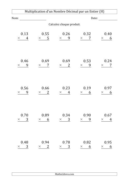 Multipication d'un Nombre à 2 Chiffres des Centièmes par un Nombre Entier à 1 Chiffre (H)