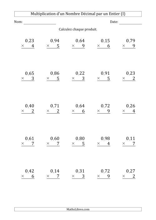 Multipication d'un Nombre à 2 Chiffres des Centièmes par un Nombre Entier à 1 Chiffre (I)