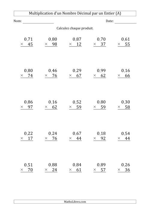 Multipication d'un Nombre à 2 Chiffres des Centièmes par un Nombre Entier à 2 Chiffres (A)