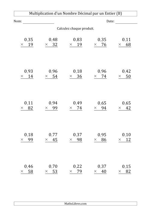 Multipication d'un Nombre à 2 Chiffres des Centièmes par un Nombre Entier à 2 Chiffres (B)