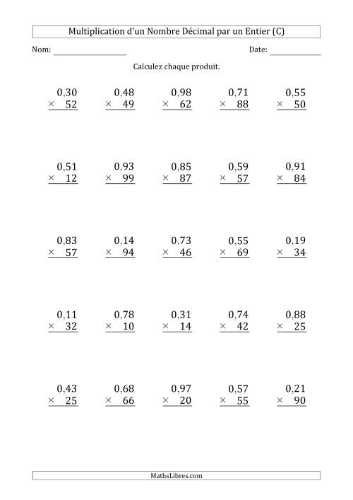 Multipication d'un Nombre à 2 Chiffres des Centièmes par un Nombre Entier à 2 Chiffres (C)