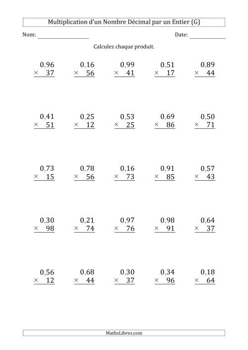 Multipication d'un Nombre à 2 Chiffres des Centièmes par un Nombre Entier à 2 Chiffres (G)