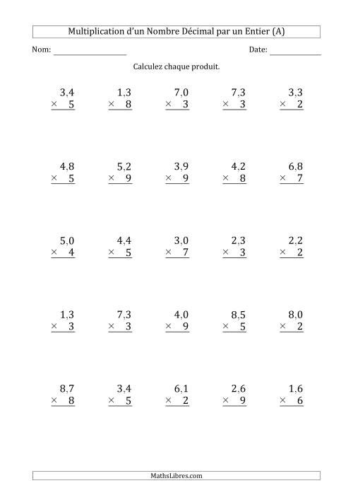 Multipication d'un Nombre à 2 Chiffres des Dixièmes par un Nombre Entier à 1 Chiffre (A)