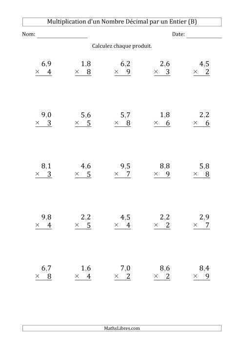 Multipication d'un Nombre à 2 Chiffres des Dixièmes par un Nombre Entier à 1 Chiffre (B)