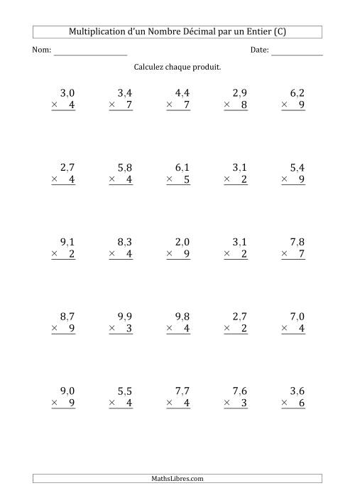 Multipication d'un Nombre à 2 Chiffres des Dixièmes par un Nombre Entier à 1 Chiffre (C)
