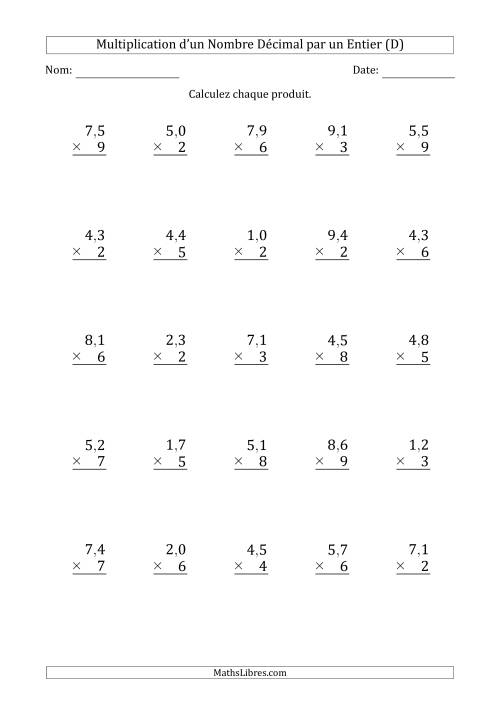 Multipication d'un Nombre à 2 Chiffres des Dixièmes par un Nombre Entier à 1 Chiffre (D)