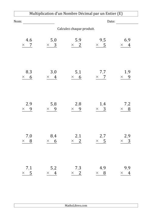 Multipication d'un Nombre à 2 Chiffres des Dixièmes par un Nombre Entier à 1 Chiffre (E)
