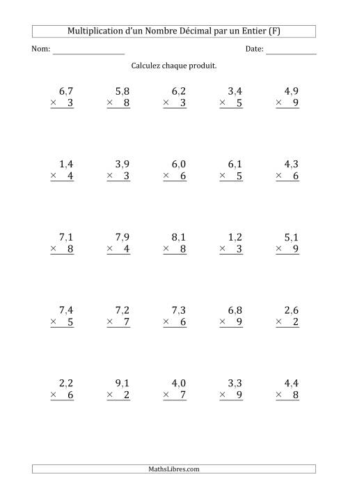 Multipication d'un Nombre à 2 Chiffres des Dixièmes par un Nombre Entier à 1 Chiffre (F)