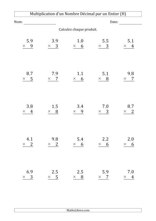 Multipication d'un Nombre à 2 Chiffres des Dixièmes par un Nombre Entier à 1 Chiffre (H)