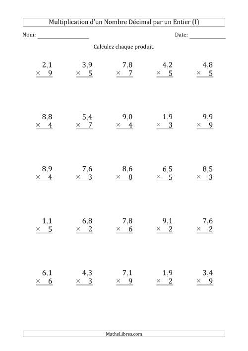 Multipication d'un Nombre à 2 Chiffres des Dixièmes par un Nombre Entier à 1 Chiffre (I)