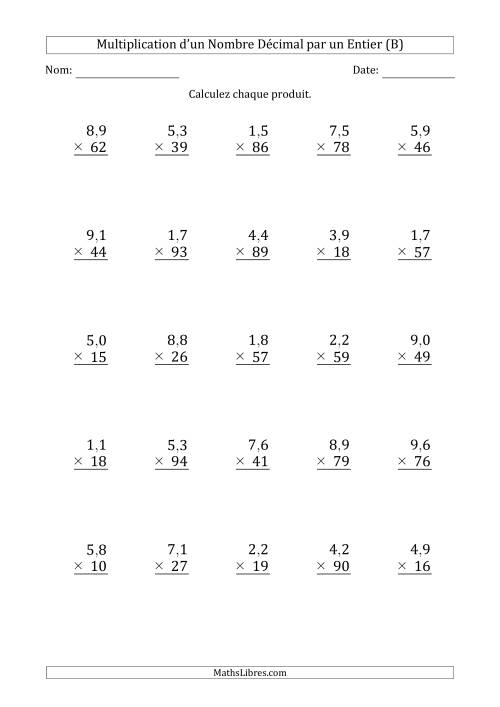 Multipication d'un Nombre à 2 Chiffres des Dixièmes par un Nombre Entier à 2 Chiffres (B)