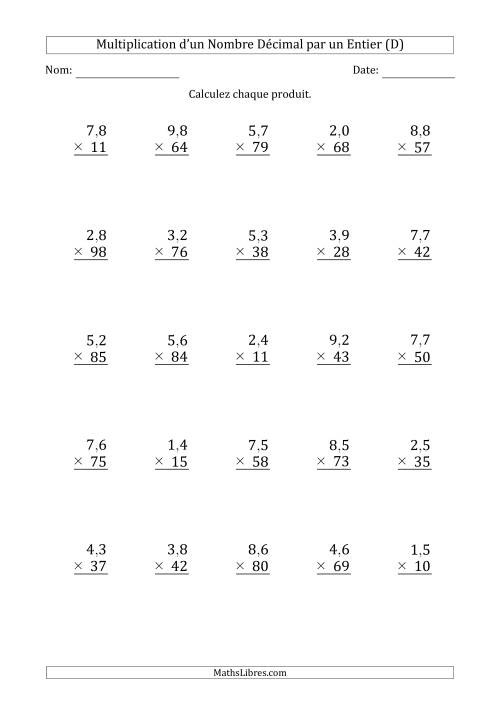 Multipication d'un Nombre à 2 Chiffres des Dixièmes par un Nombre Entier à 2 Chiffres (D)