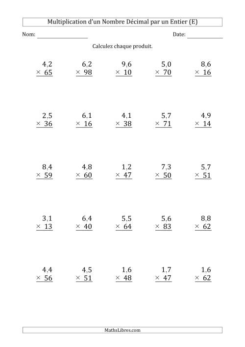 Multipication d'un Nombre à 2 Chiffres des Dixièmes par un Nombre Entier à 2 Chiffres (E)