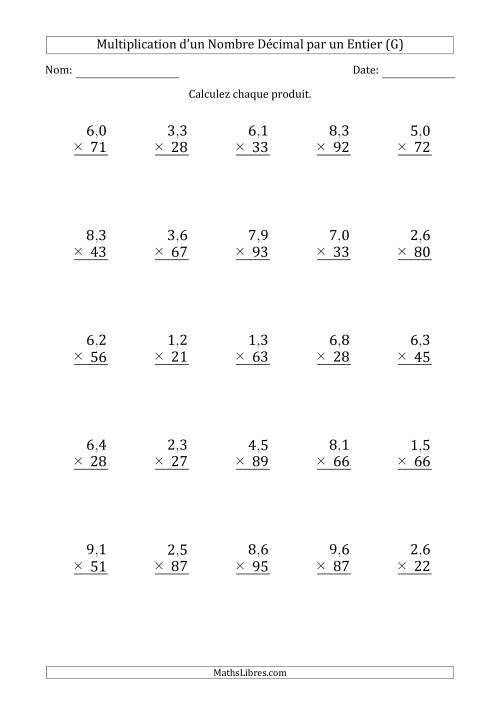 Multipication d'un Nombre à 2 Chiffres des Dixièmes par un Nombre Entier à 2 Chiffres (G)