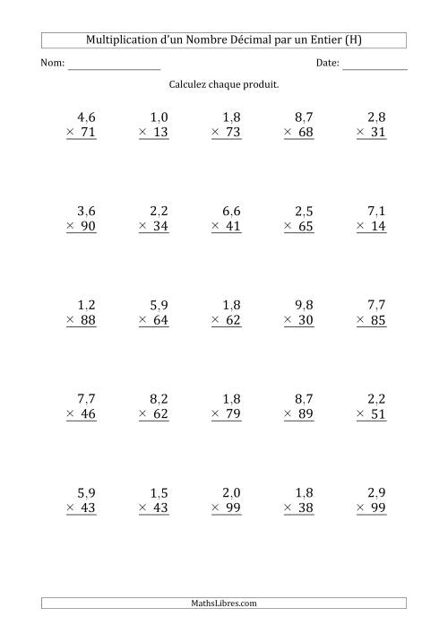Multipication d'un Nombre à 2 Chiffres des Dixièmes par un Nombre Entier à 2 Chiffres (H)