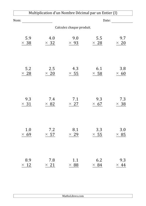 Multipication d'un Nombre à 2 Chiffres des Dixièmes par un Nombre Entier à 2 Chiffres (I)