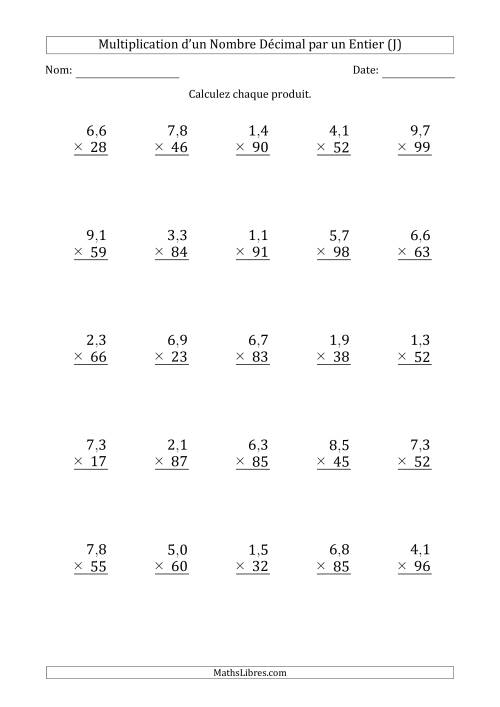 Multipication d'un Nombre à 2 Chiffres des Dixièmes par un Nombre Entier à 2 Chiffres (J)