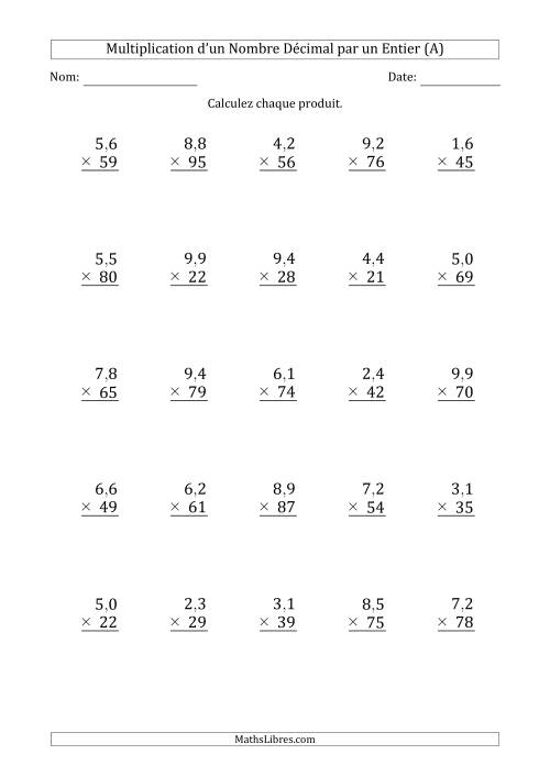 Multipication d'un Nombre à 2 Chiffres des Dixièmes par un Nombre Entier à 2 Chiffres (Tout)