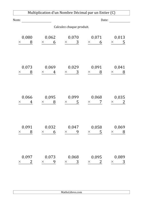 Multipication d'un Nombre à 2 Chiffres des Millièmes par un Nombre Entier à 1 Chiffre (C)