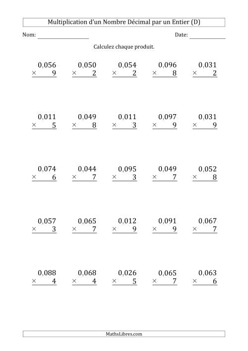 Multipication d'un Nombre à 2 Chiffres des Millièmes par un Nombre Entier à 1 Chiffre (D)