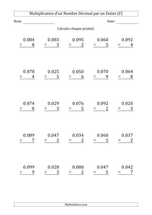 Multipication d'un Nombre à 2 Chiffres des Millièmes par un Nombre Entier à 1 Chiffre (F)