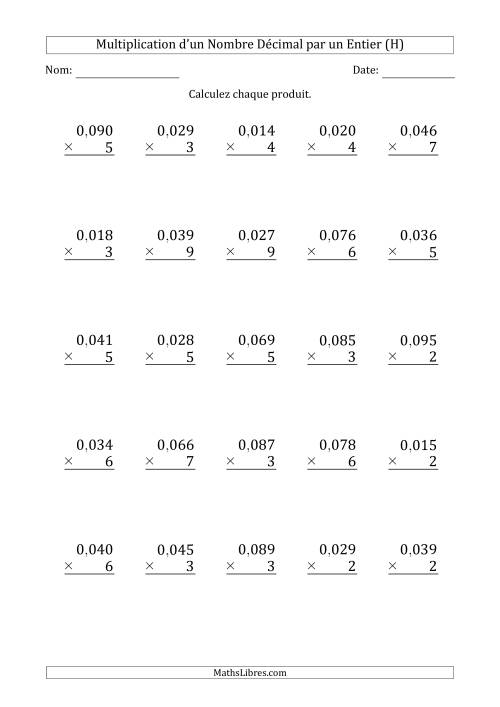 Multipication d'un Nombre à 2 Chiffres des Millièmes par un Nombre Entier à 1 Chiffre (H)