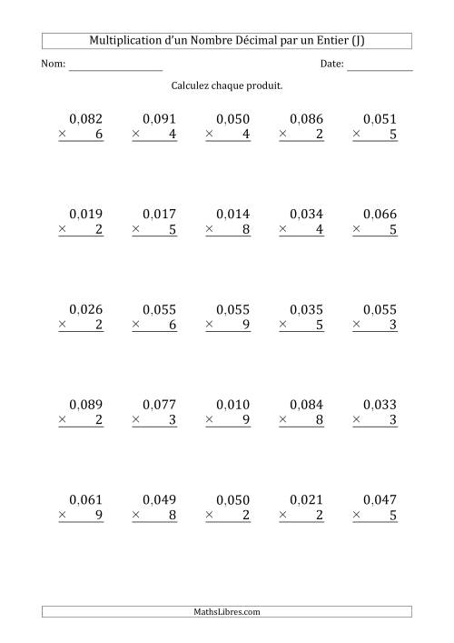 Multipication d'un Nombre à 2 Chiffres des Millièmes par un Nombre Entier à 1 Chiffre (J)