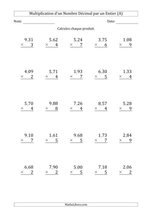 Multipication d'un Nombre à 3 Chiffres des Centièmes par un Nombre Entier à 1 Chiffre (A)