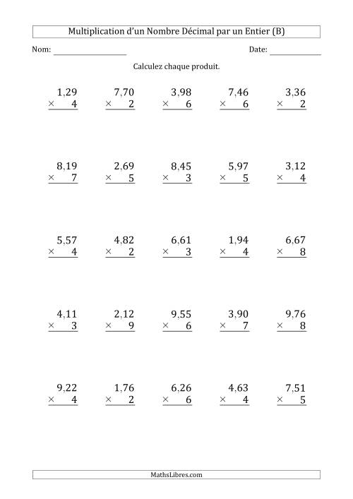 Multipication d'un Nombre à 3 Chiffres des Centièmes par un Nombre Entier à 1 Chiffre (B)