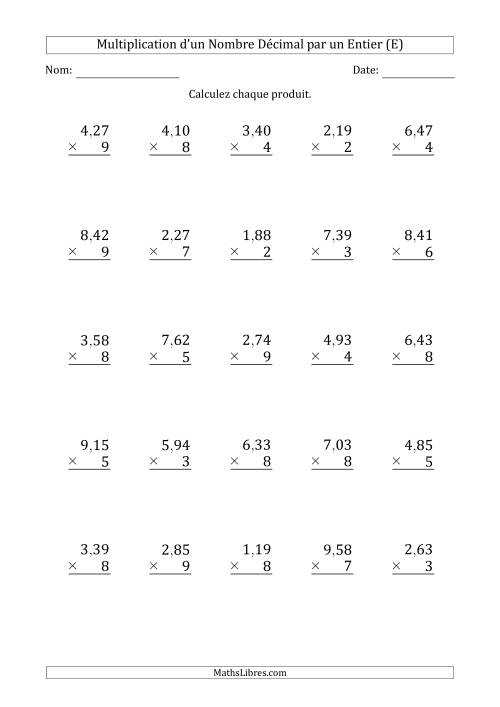 Multipication d'un Nombre à 3 Chiffres des Centièmes par un Nombre Entier à 1 Chiffre (E)