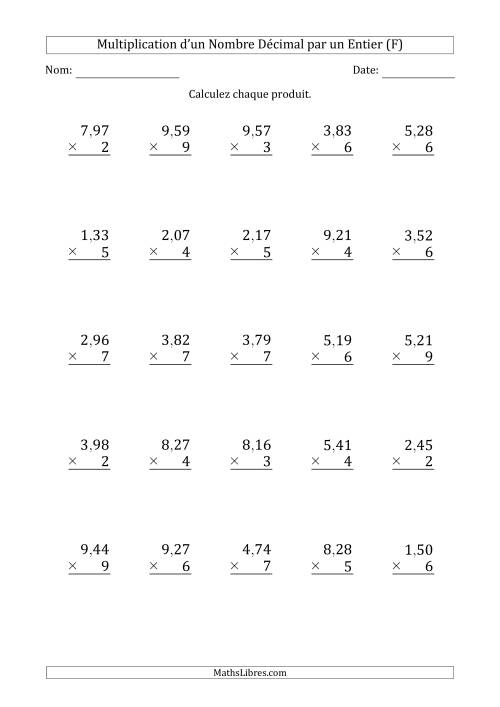 Multipication d'un Nombre à 3 Chiffres des Centièmes par un Nombre Entier à 1 Chiffre (F)