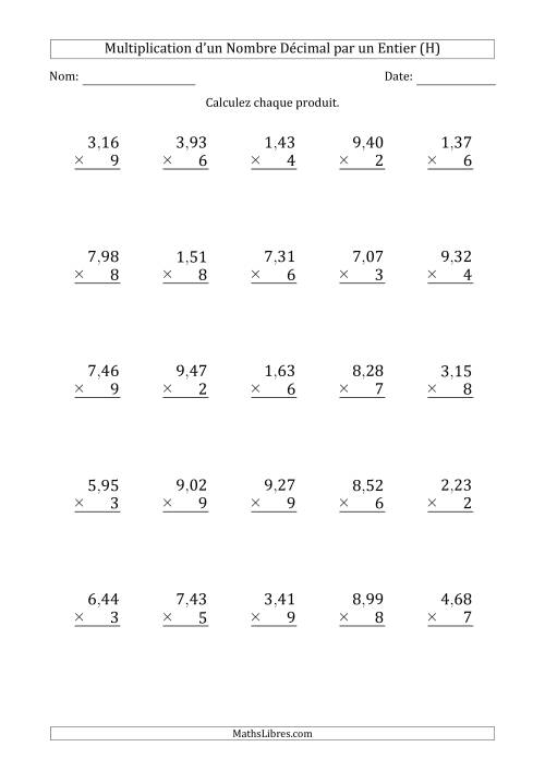Multipication d'un Nombre à 3 Chiffres des Centièmes par un Nombre Entier à 1 Chiffre (H)