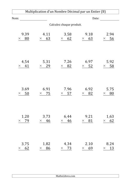 Multipication d'un Nombre à 3 Chiffres des Centièmes par un Nombre Entier à 2 Chiffres (B)